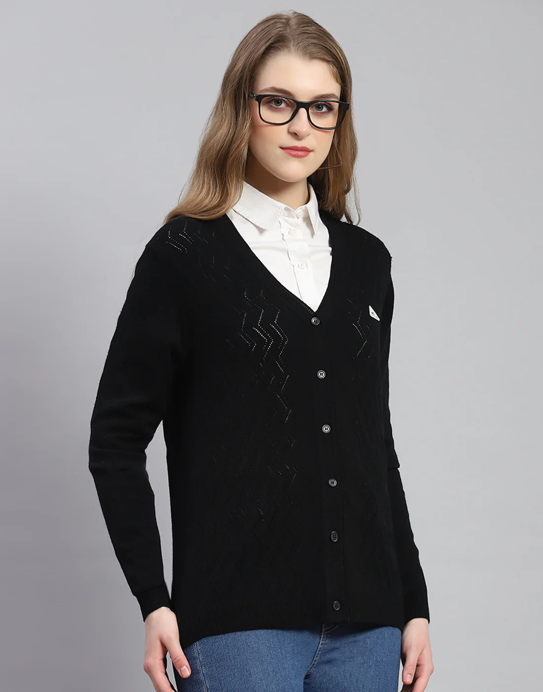 Women Black Self Design V Neck Full Sleeve Cardigan - Image 4