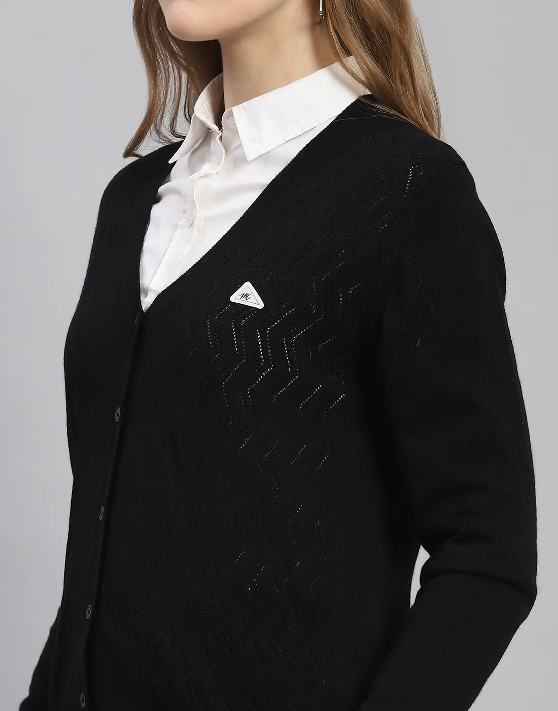 Women Black Self Design V Neck Full Sleeve Cardigan - Image 6