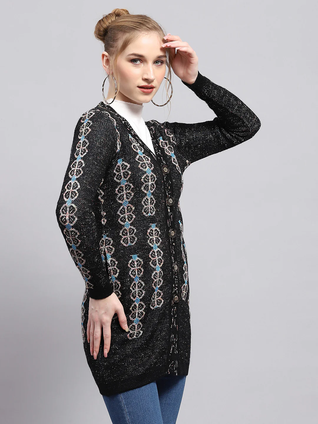 Women Black Self Design V Neck Full Sleeve Cardigan - Image 4