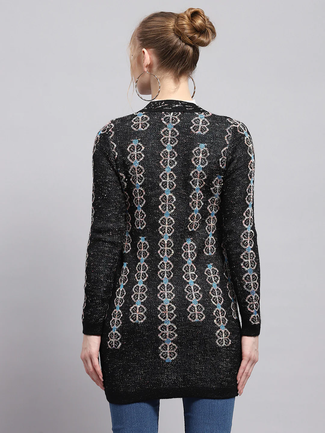 Women Black Self Design V Neck Full Sleeve Cardigan - Image 5