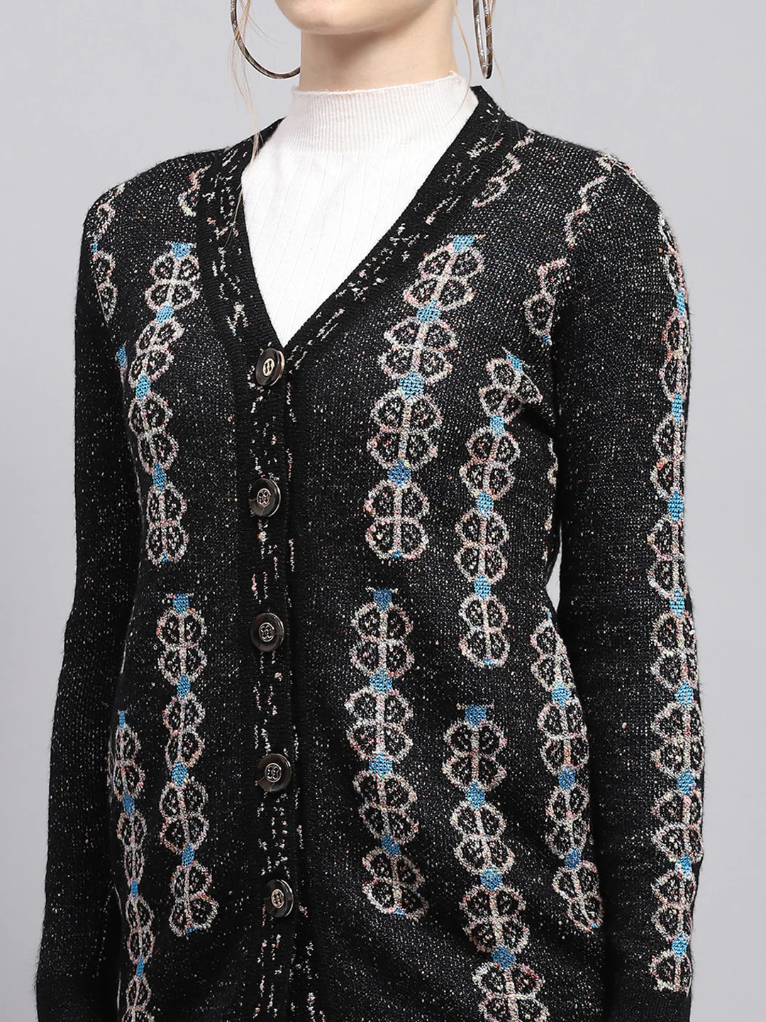 Women Black Self Design V Neck Full Sleeve Cardigan - Image 6