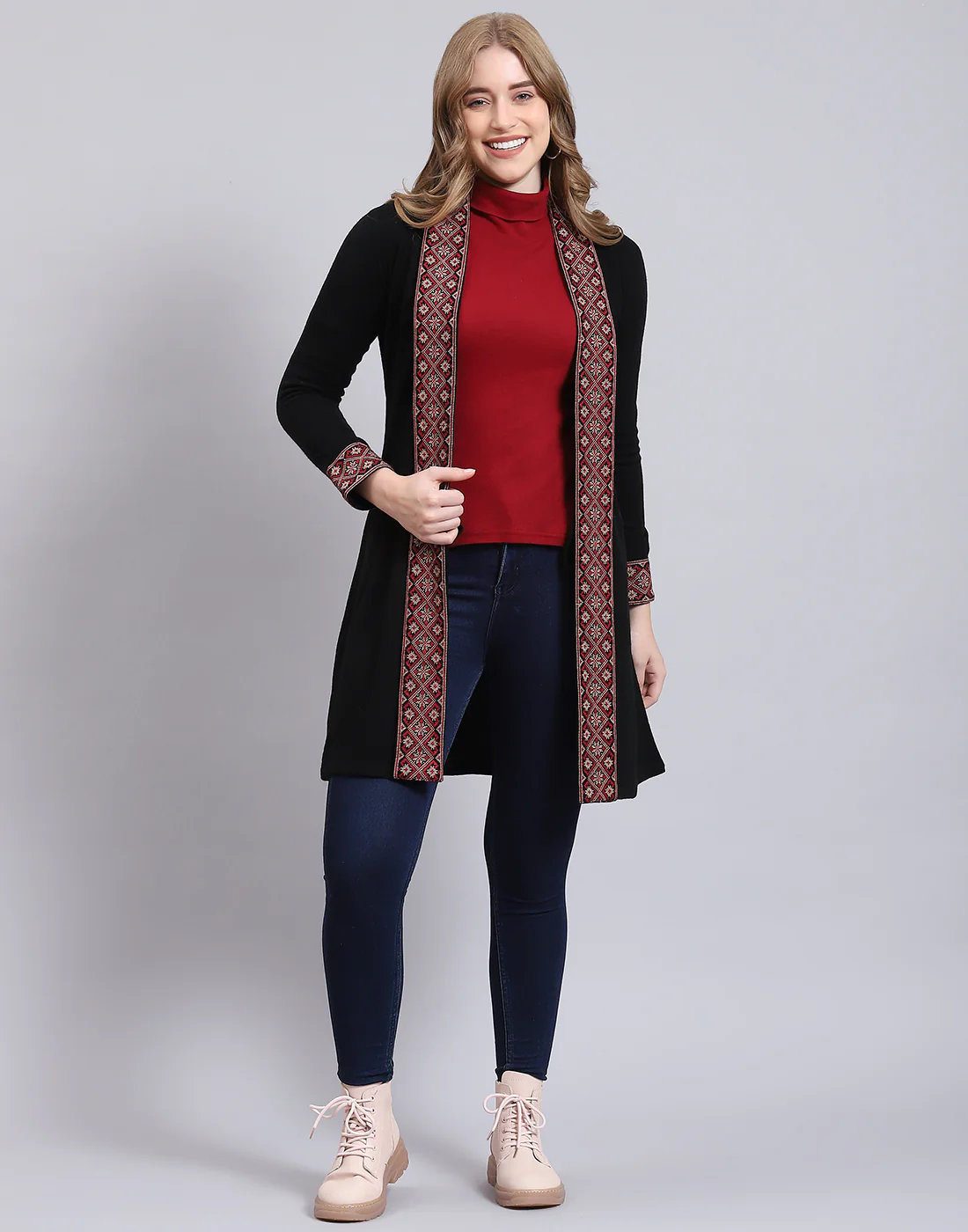 Women Black Self Design V Neck Full Sleeve Cardigan - Image 2