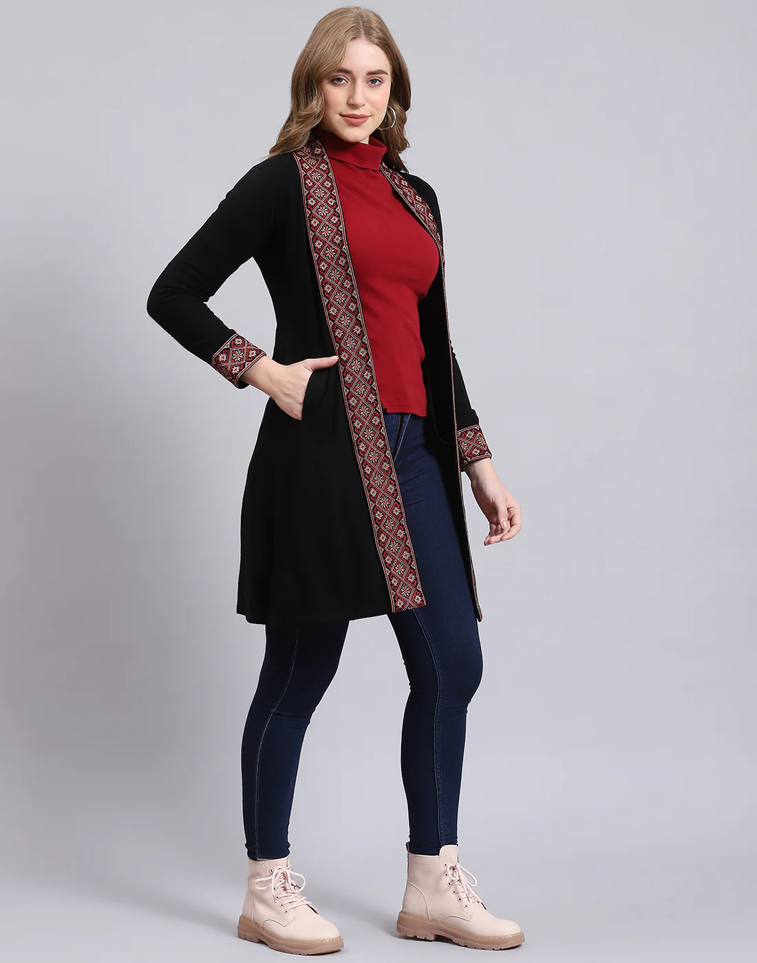 Women Black Self Design V Neck Full Sleeve Cardigan - Image 4