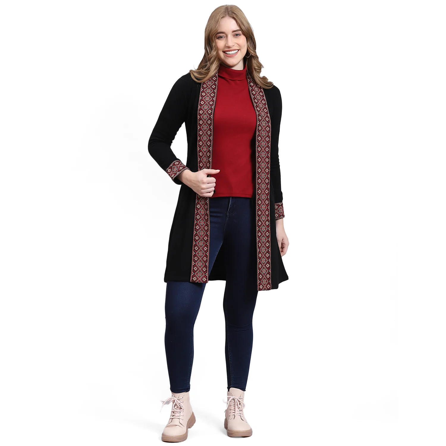 Women Black Self Design V Neck Full Sleeve Cardigan - Image 5