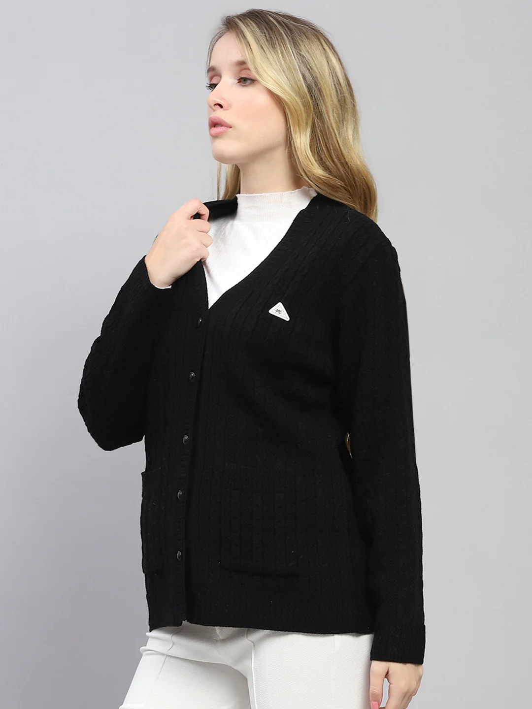 Women Black Self Design V Neck Full Sleeve Cardigan - Image 3