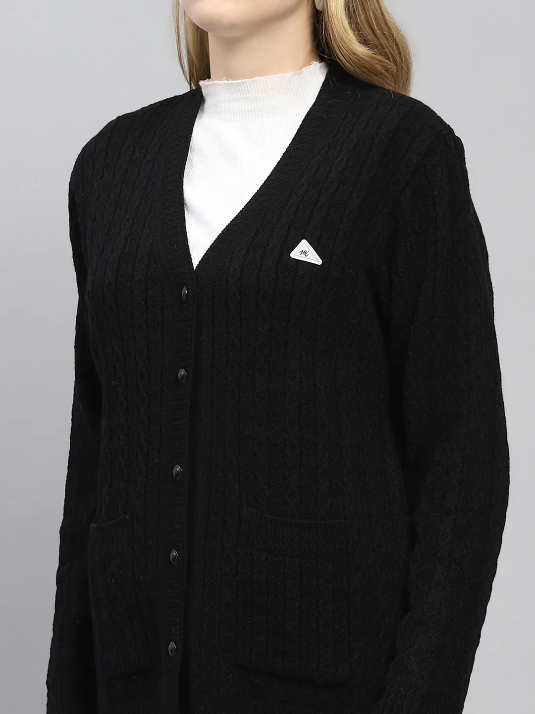 Women Black Self Design V Neck Full Sleeve Cardigan - Image 6