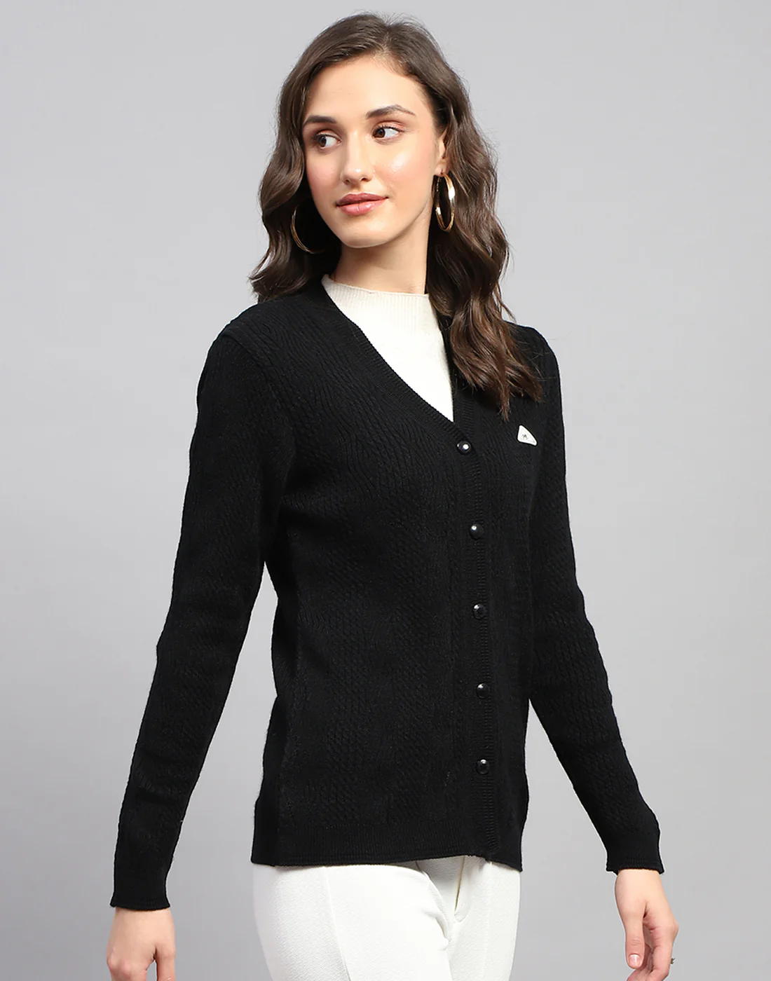 Women Black Self Design V Neck Full Sleeve Cardigan - Image 5