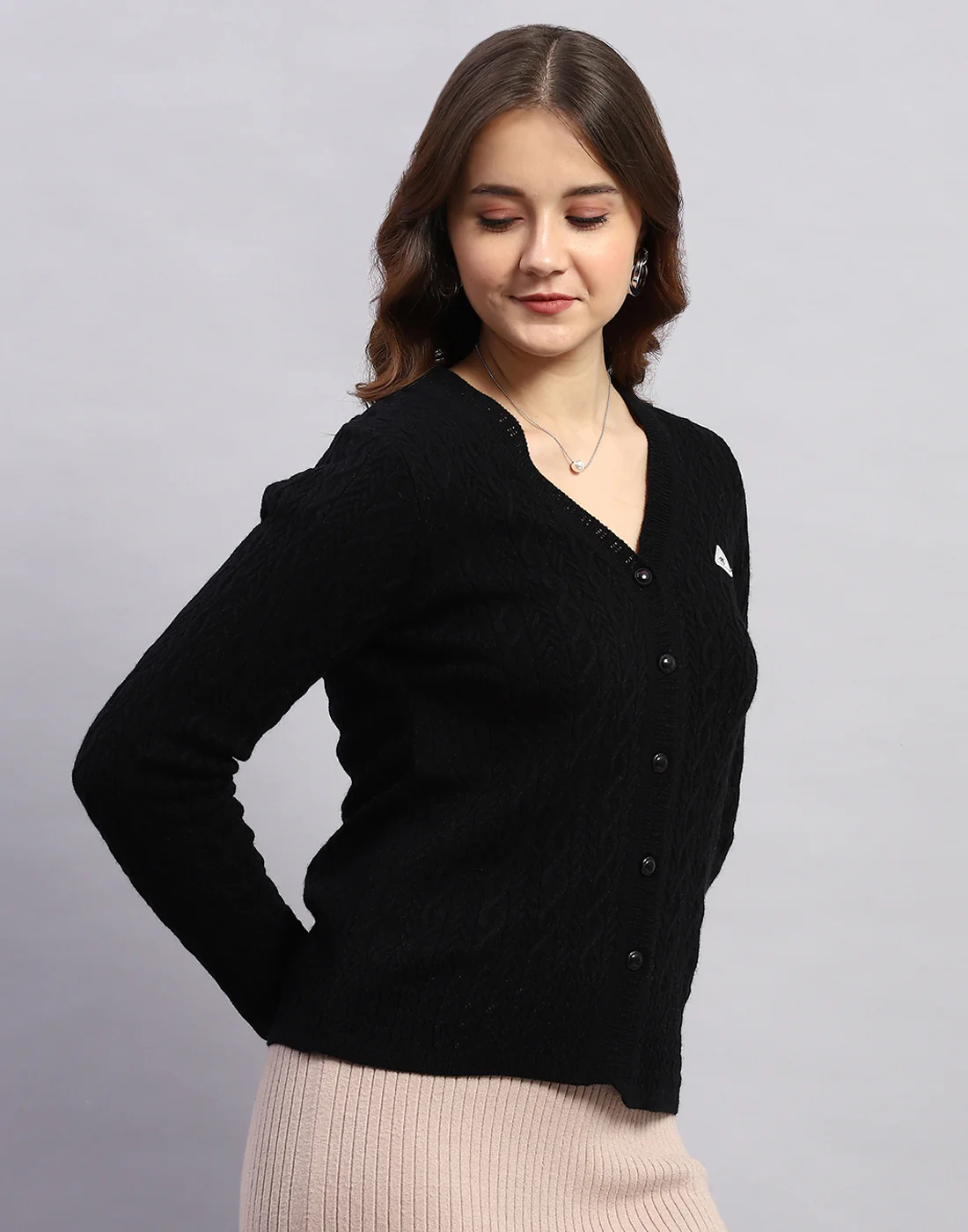Women Black Self Design V Neck Full Sleeve Cardigan - Image 4