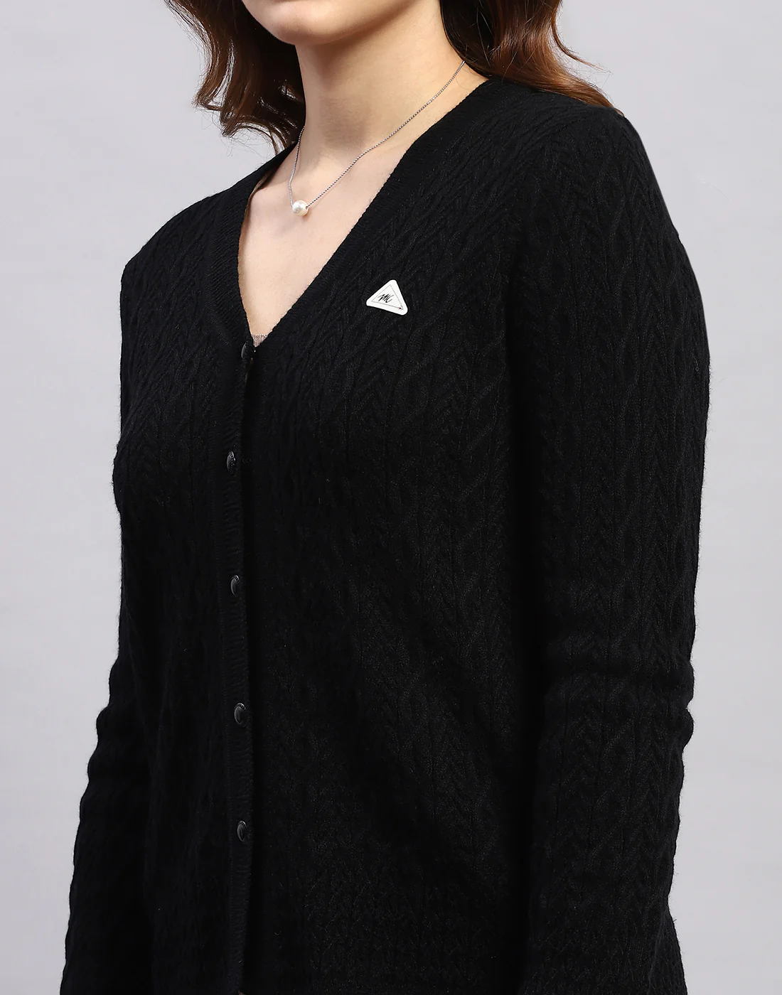 Women Black Self Design V Neck Full Sleeve Cardigan - Image 6
