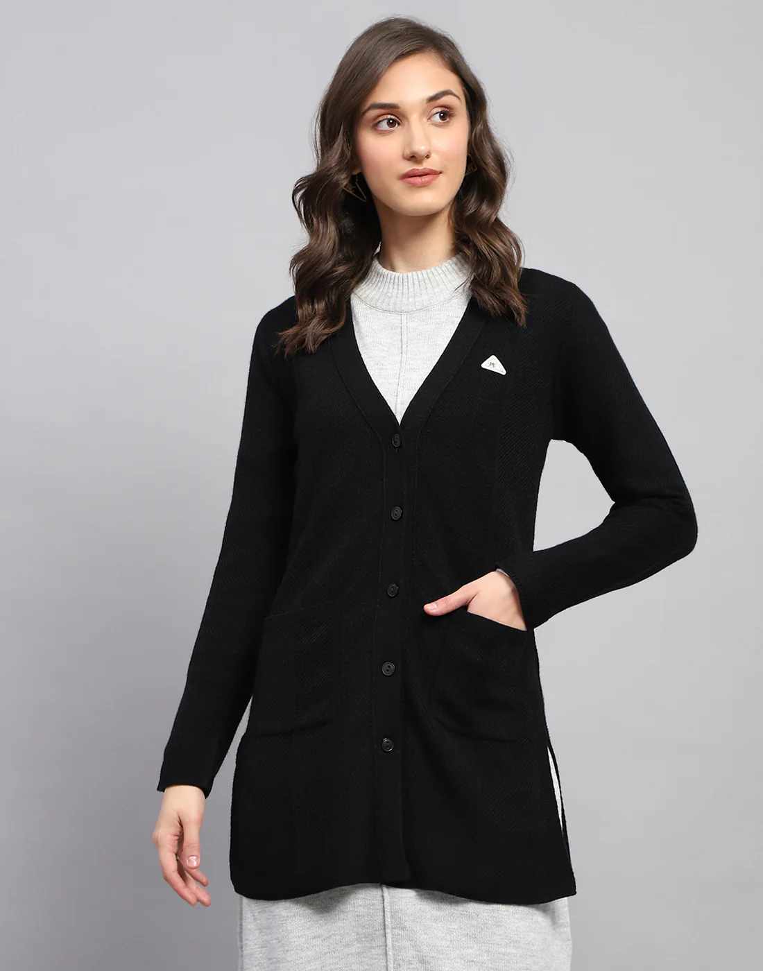 Women Black Self Design V Neck Full Sleeve Cardigan - Image 2