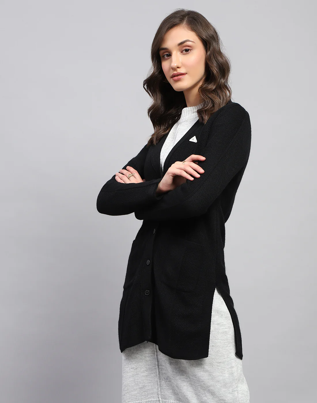 Women Black Self Design V Neck Full Sleeve Cardigan - Image 4