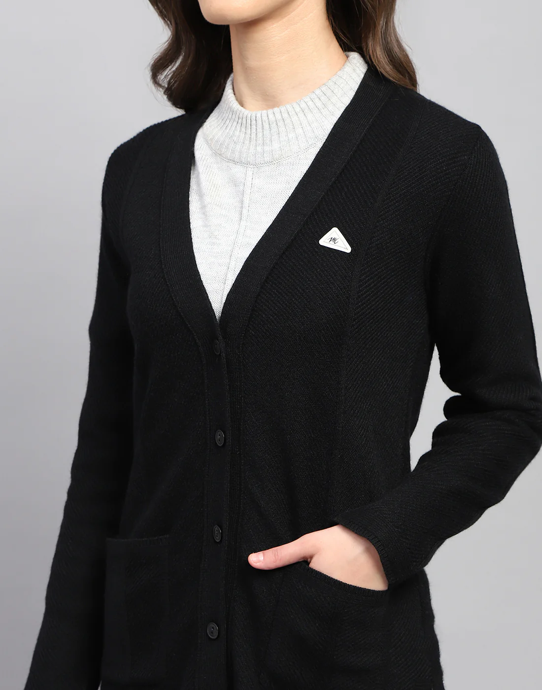 Women Black Self Design V Neck Full Sleeve Cardigan - Image 7