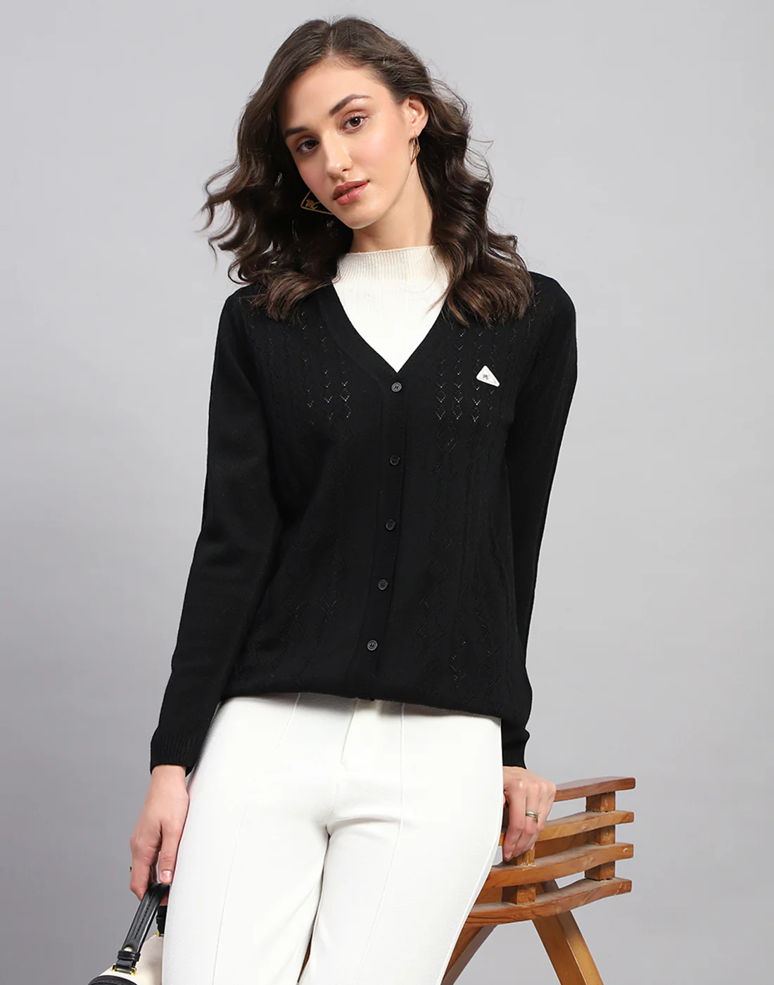 Women Black Self Design V Neck Full Sleeve Cardigan - Image 2