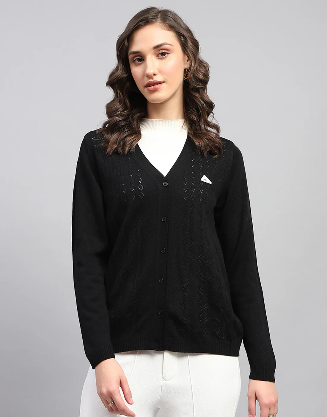 Women Black Self Design V Neck Full Sleeve Cardigan - Image 3