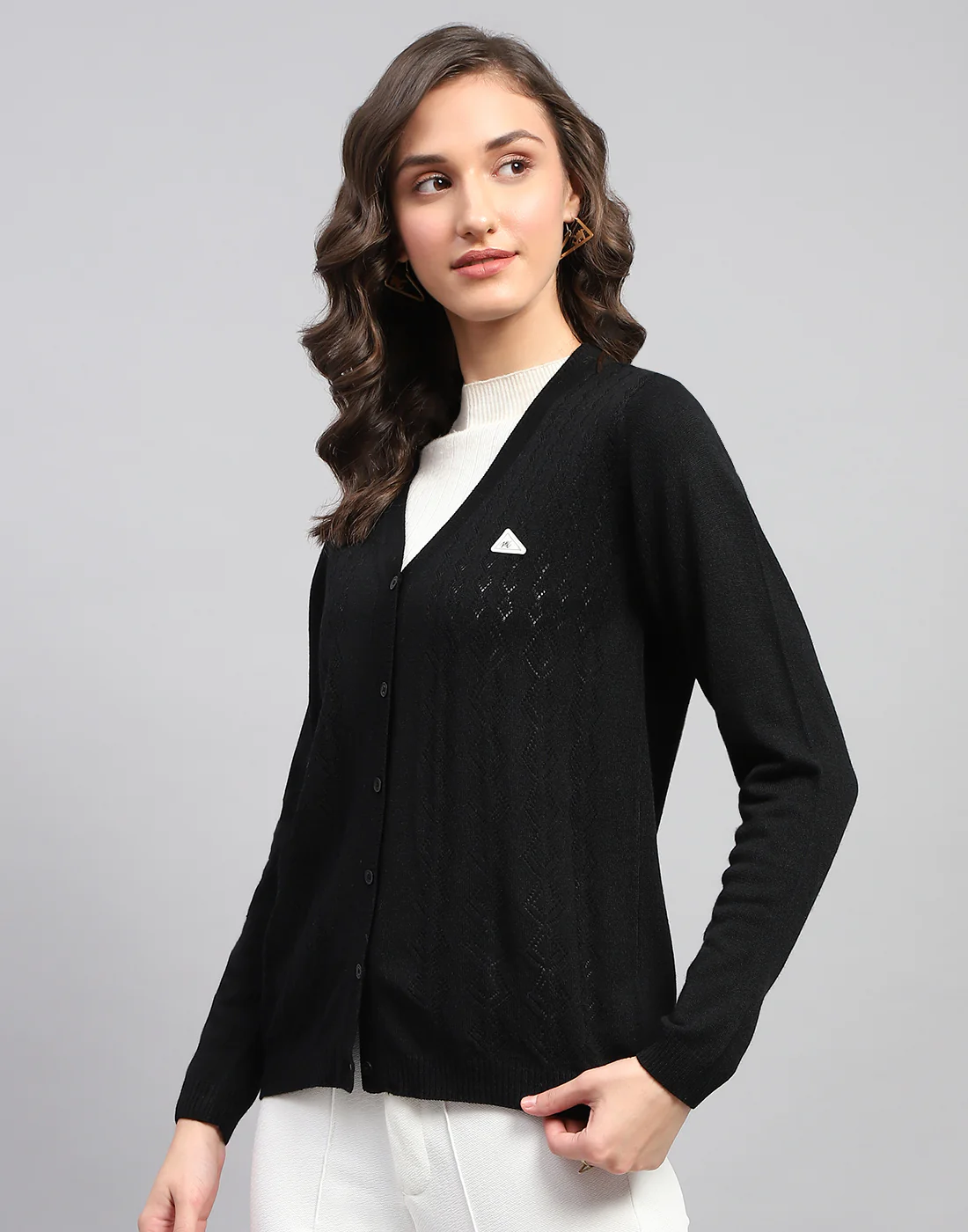 Women Black Self Design V Neck Full Sleeve Cardigan - Image 4