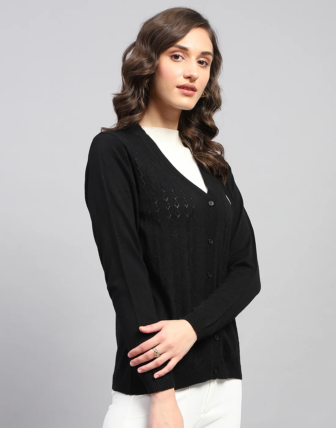 Women Black Self Design V Neck Full Sleeve Cardigan - Image 5