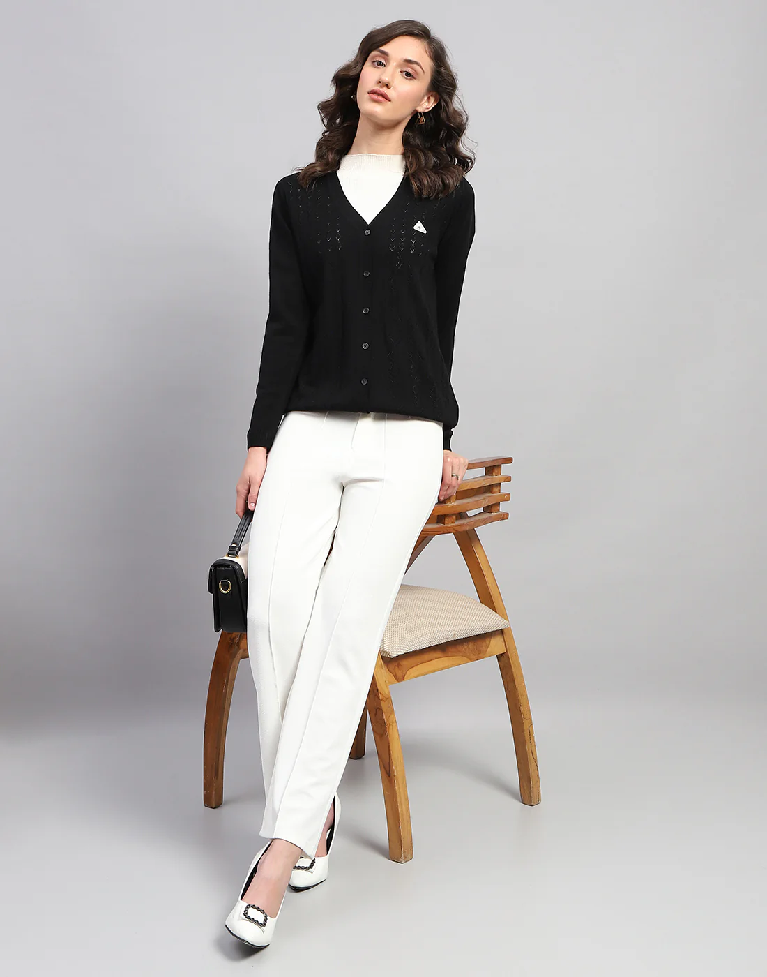 Women Black Self Design V Neck Full Sleeve Cardigan - Image 6