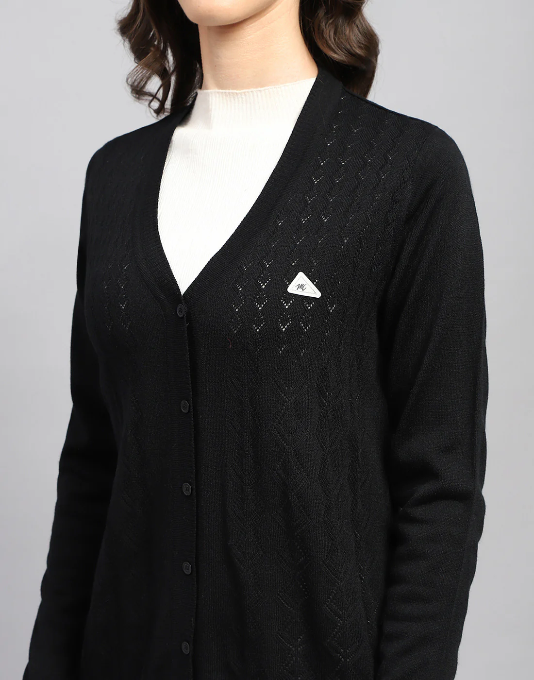 Women Black Self Design V Neck Full Sleeve Cardigan - Image 8