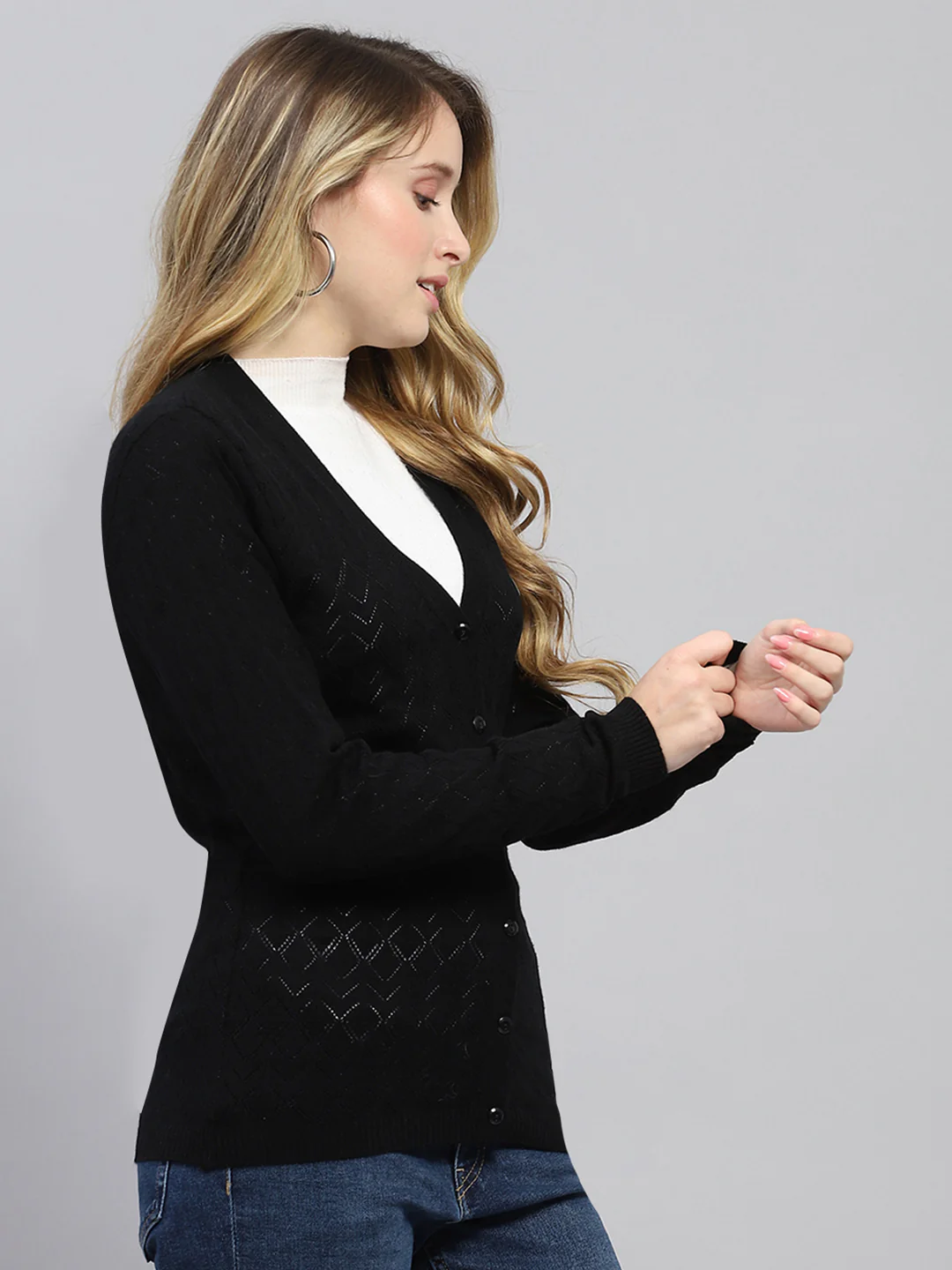 Women Black Self Design V Neck Full Sleeve Cardigan - Image 4