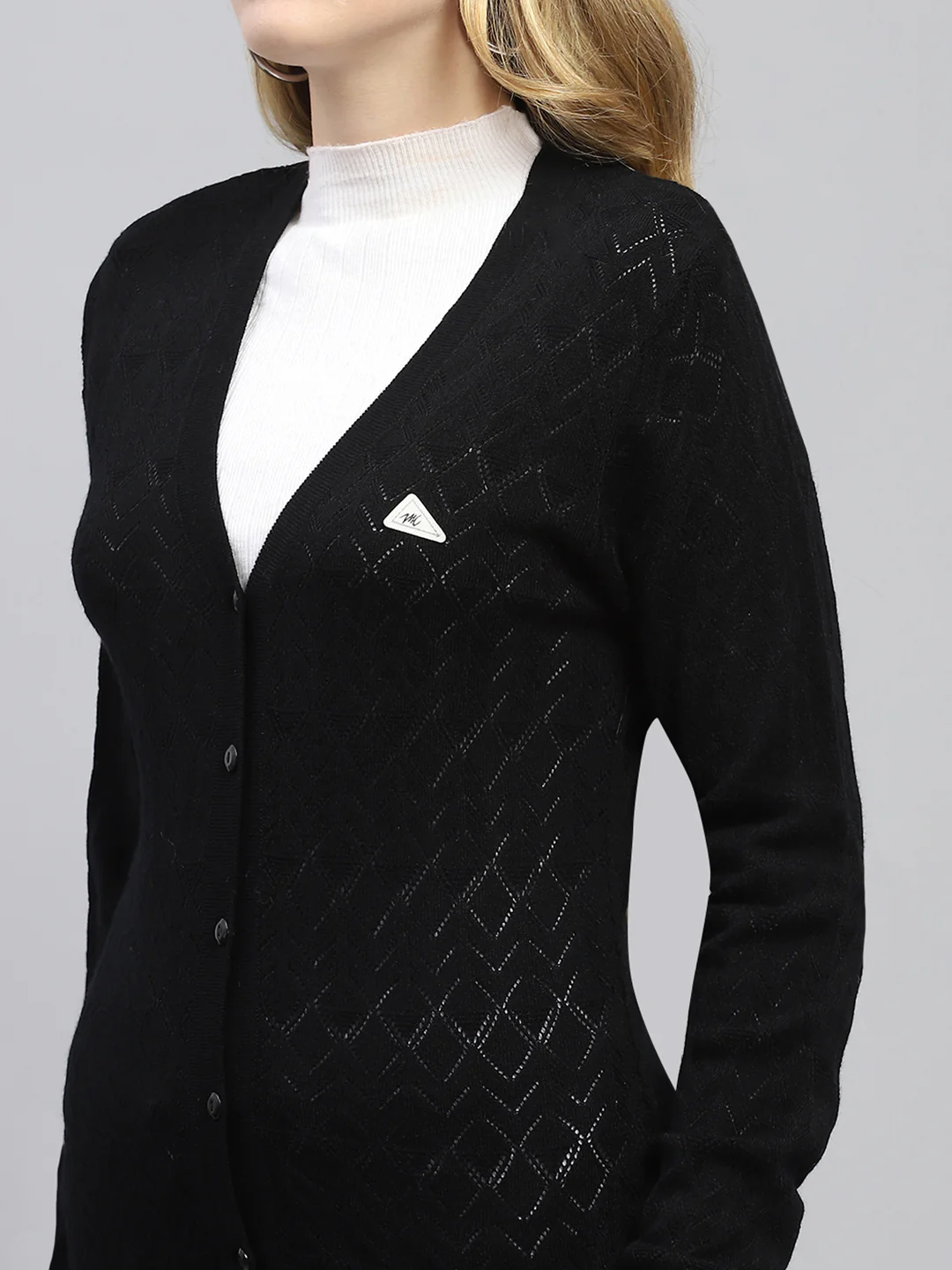 Women Black Self Design V Neck Full Sleeve Cardigan - Image 7