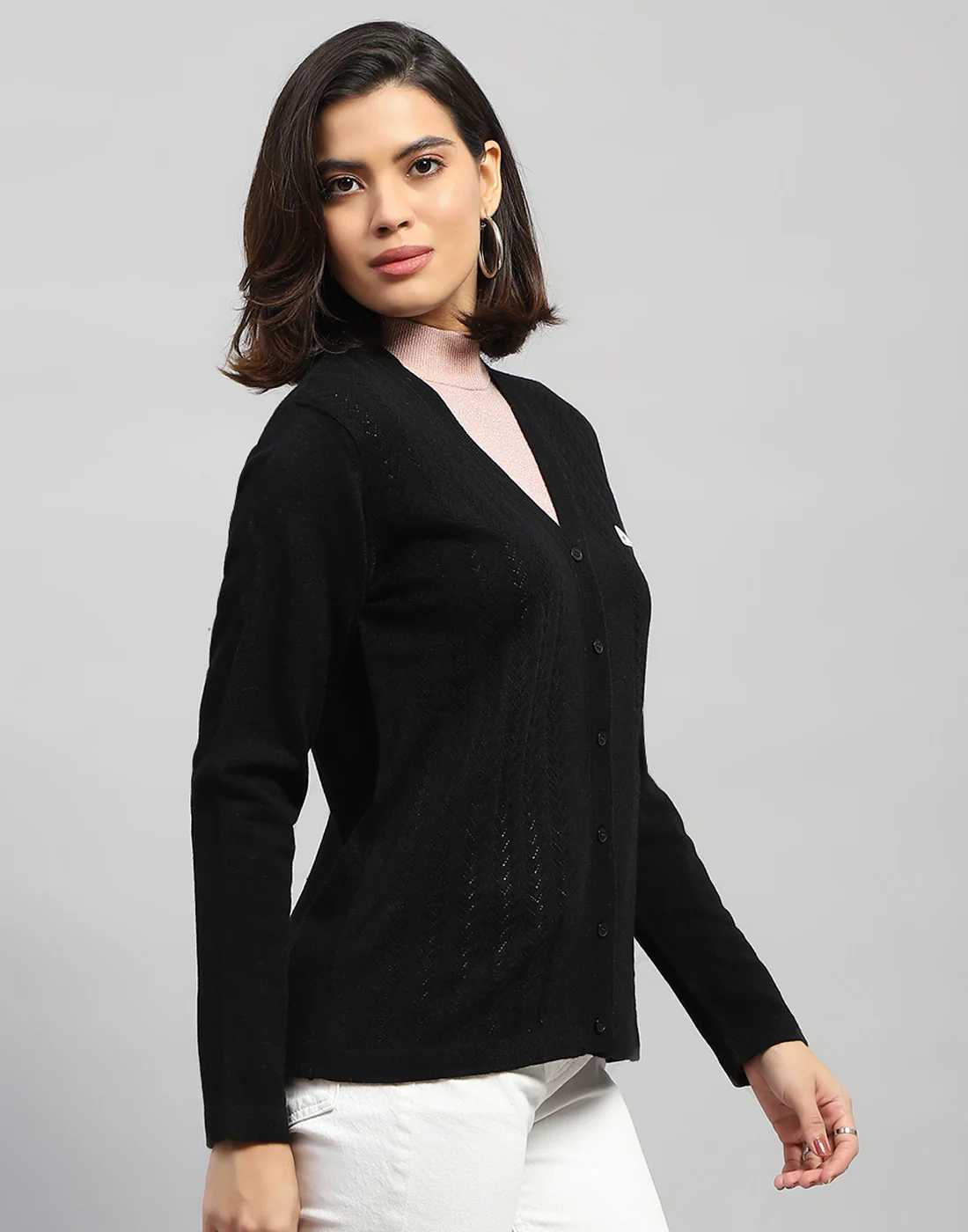 Women Black Self Design V Neck Full Sleeve Cardigan - Image 4