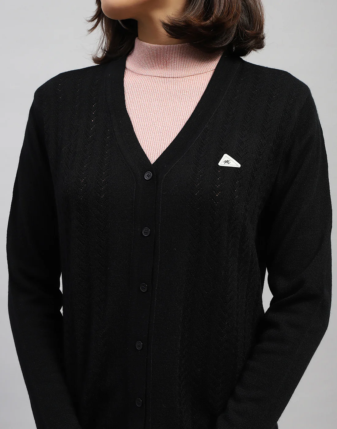 Women Black Self Design V Neck Full Sleeve Cardigan - Image 6