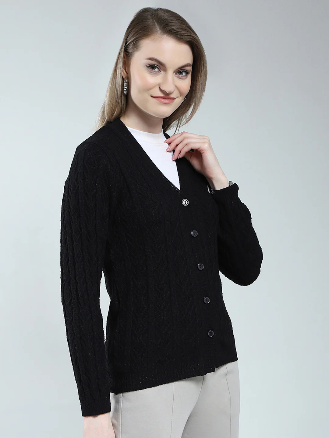 Women Black Self Design V Neck Full Sleeve Cardigan - Image 4