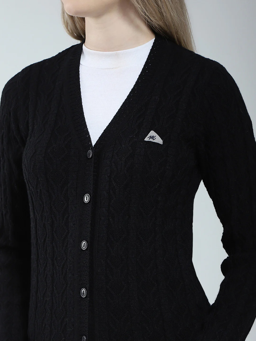 Women Black Self Design V Neck Full Sleeve Cardigan - Image 6