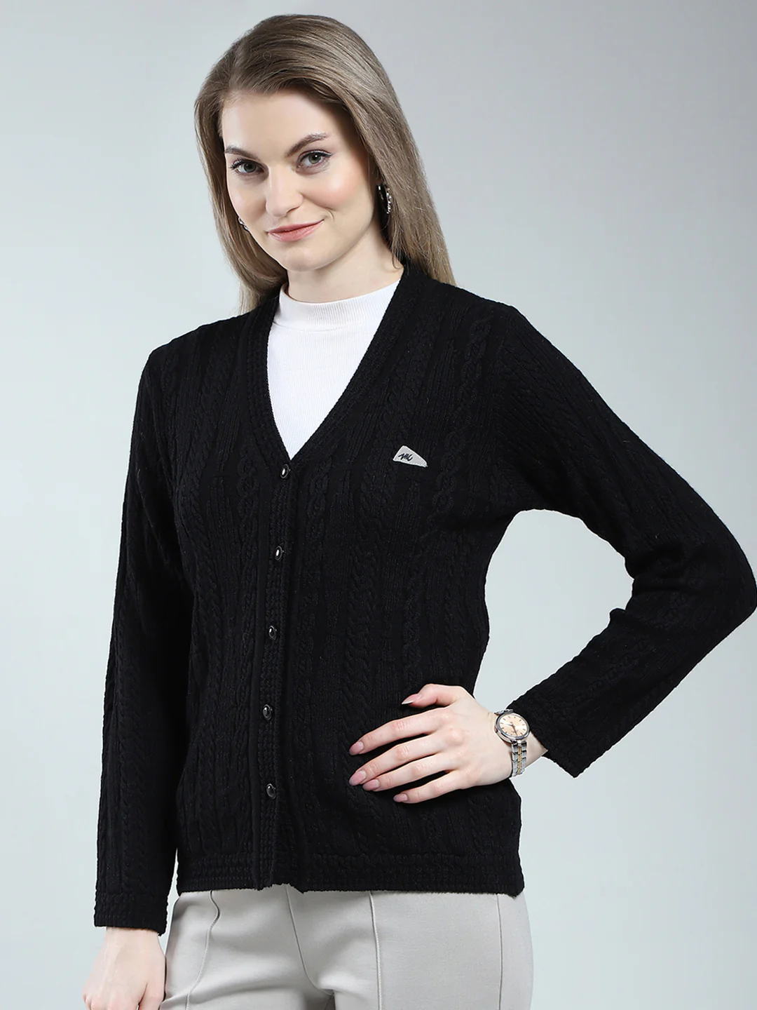 Women Black Self Design V Neck Full Sleeve Cardigan - Image 3