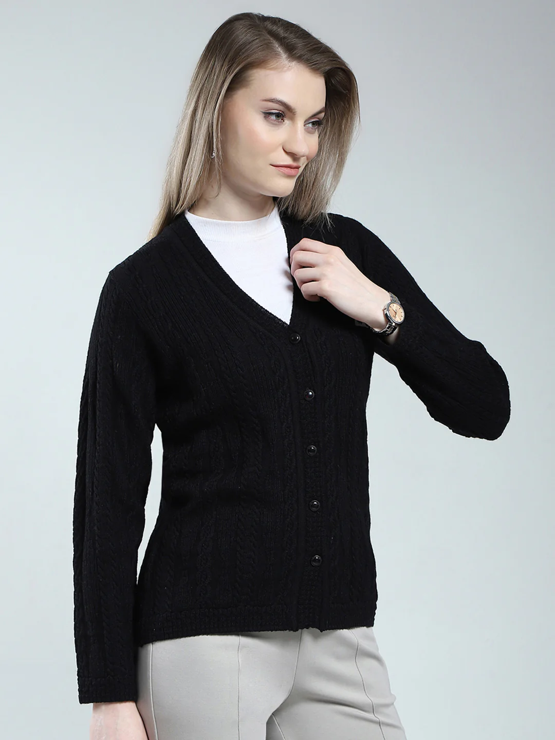 Women Black Self Design V Neck Full Sleeve Cardigan - Image 4