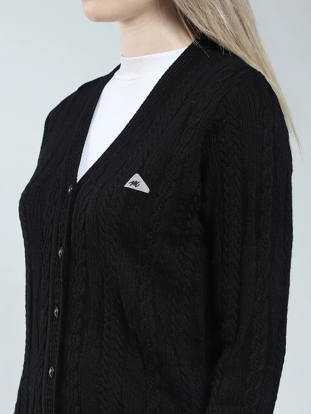 Women Black Self Design V Neck Full Sleeve Cardigan - Image 6