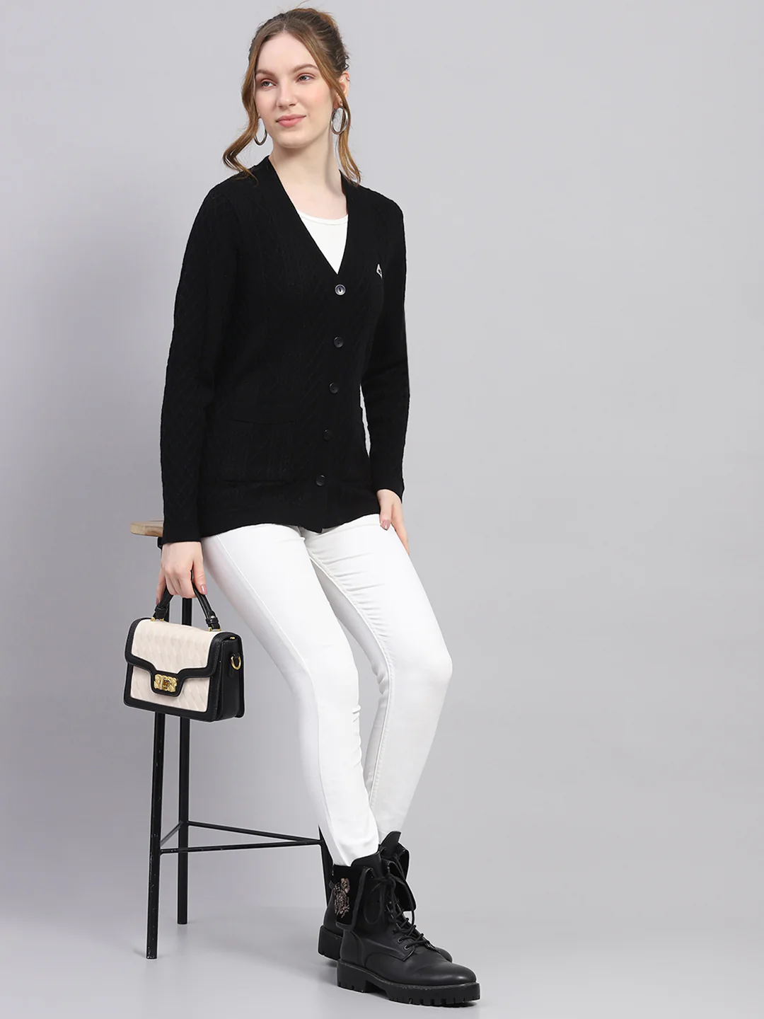 Women Black Self Design V Neck Full Sleeve Cardigan - Image 2