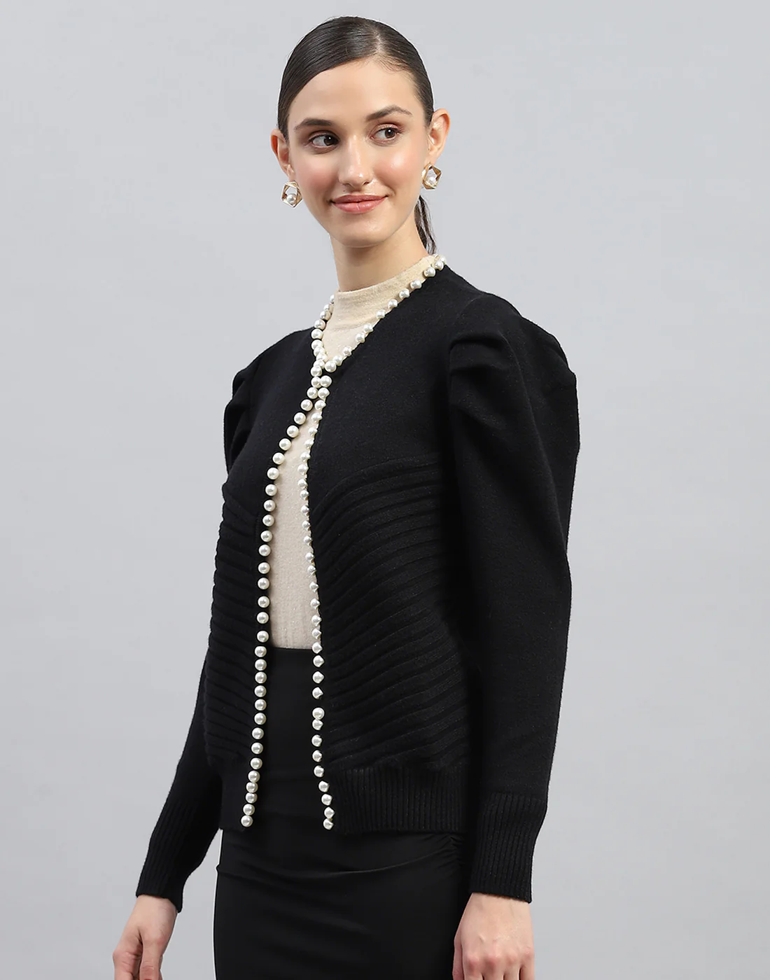 Women Black Self Design V Neck Full Sleeve Cardigan - Image 3