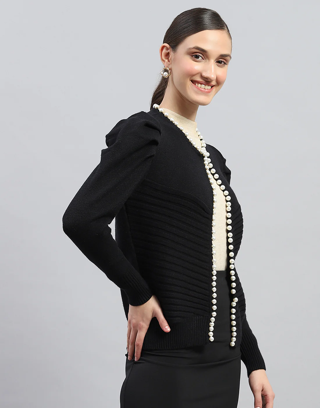 Women Black Self Design V Neck Full Sleeve Cardigan - Image 4