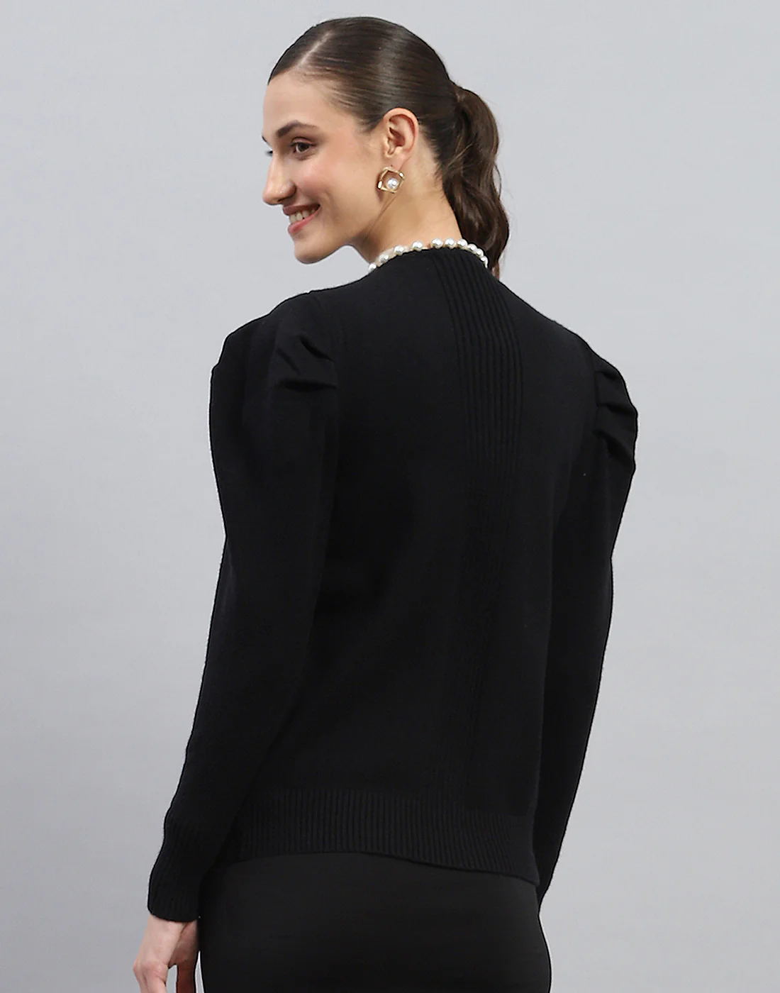 Women Black Self Design V Neck Full Sleeve Cardigan - Image 5