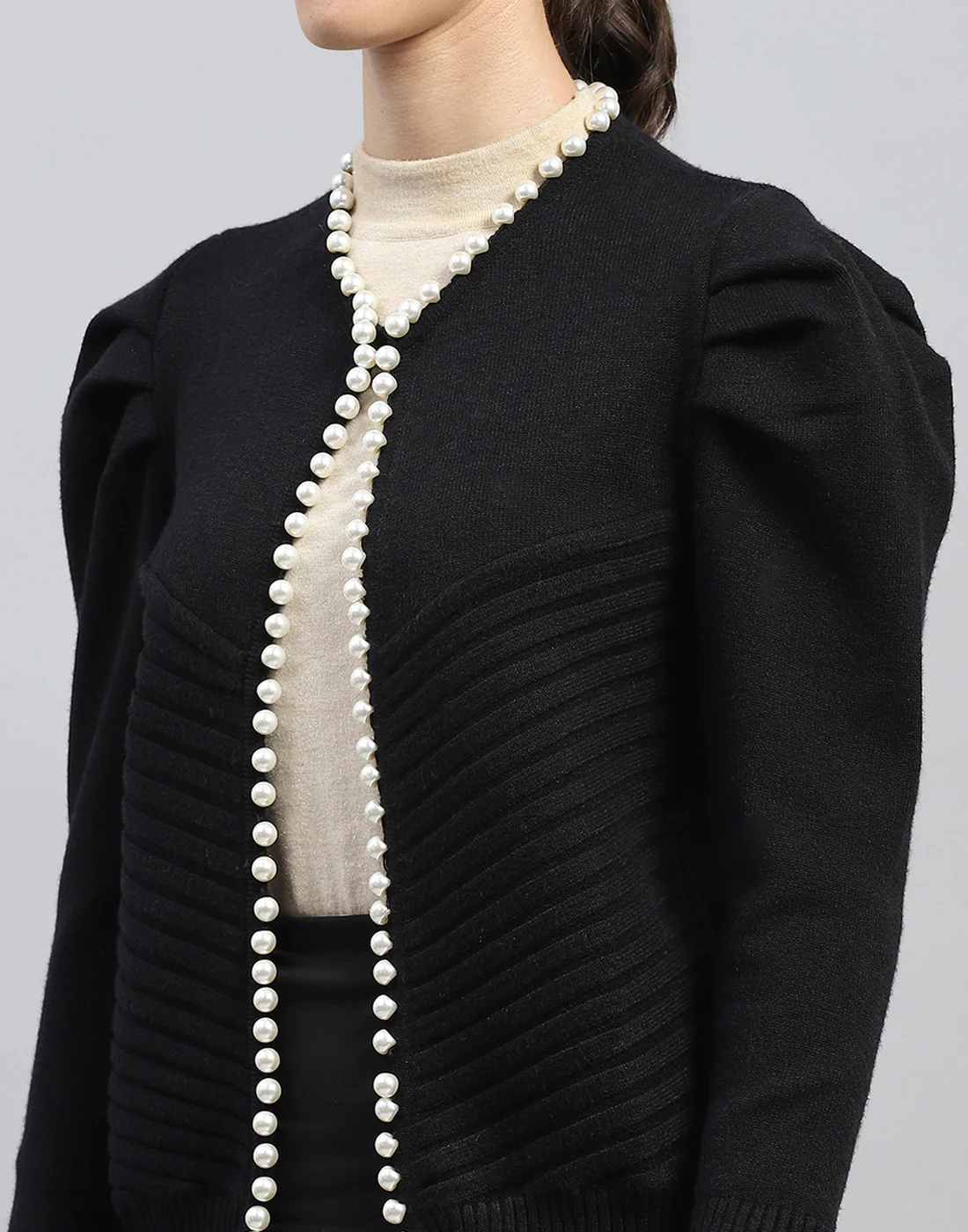 Women Black Self Design V Neck Full Sleeve Cardigan - Image 7