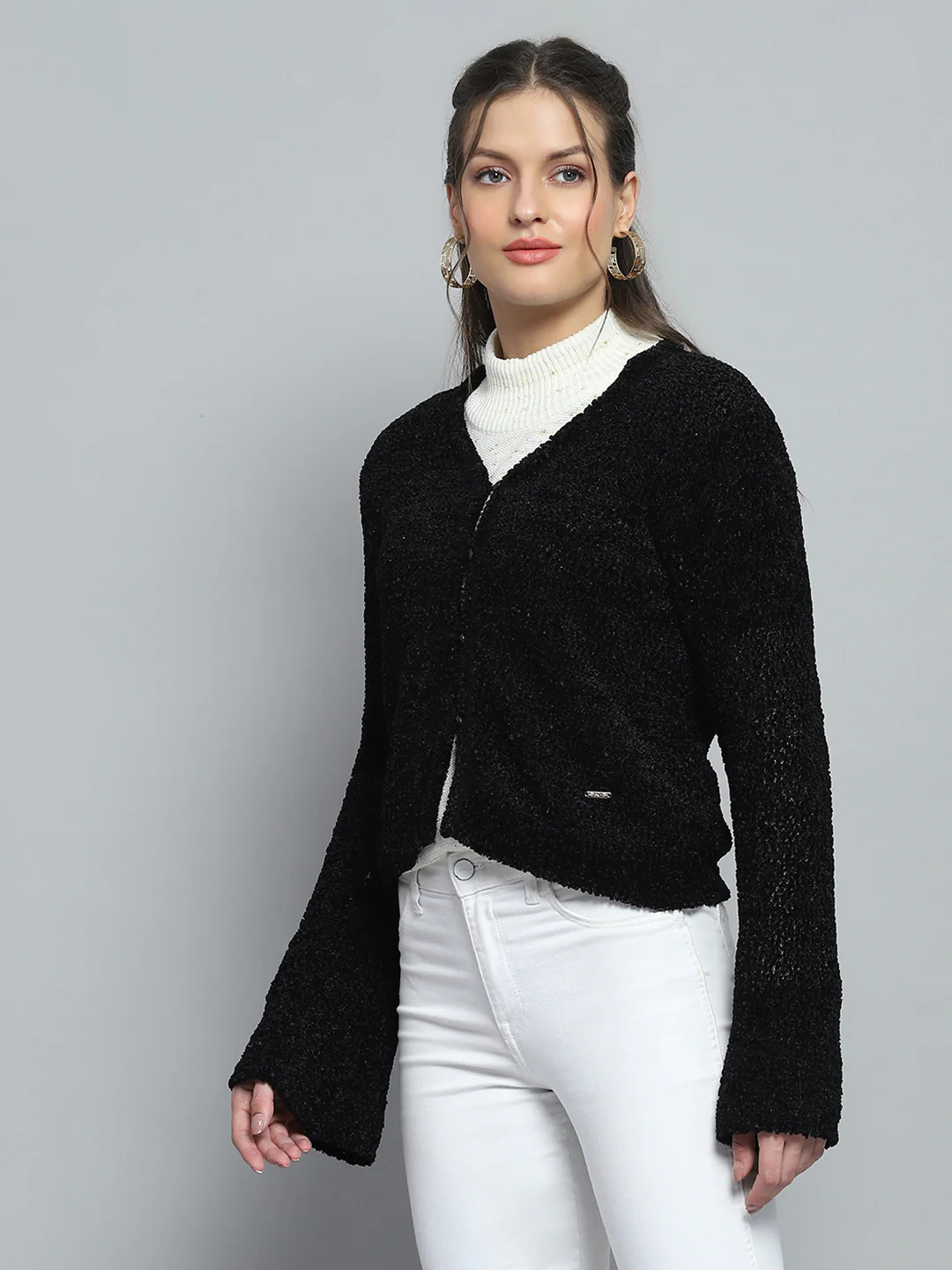 Women Black Self Design V Neck Full Sleeve Cardigan - Image 3