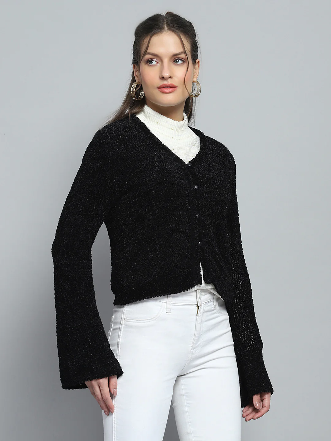 Women Black Self Design V Neck Full Sleeve Cardigan - Image 4