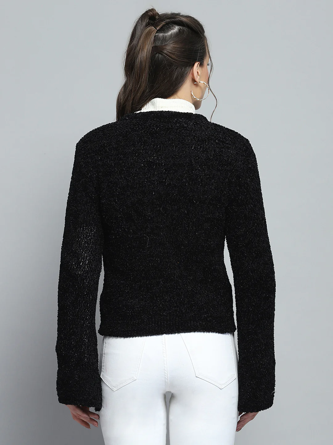 Women Black Self Design V Neck Full Sleeve Cardigan - Image 5