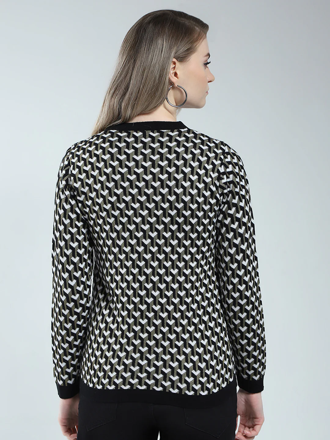 Women Black Self Design Round Neck Full Sleeve Cardigan - Image 5