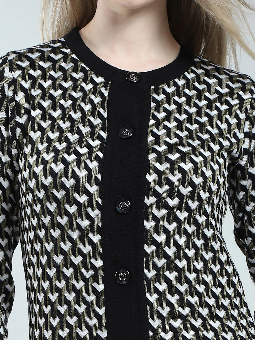 Women Black Self Design Round Neck Full Sleeve Cardigan - Image 7
