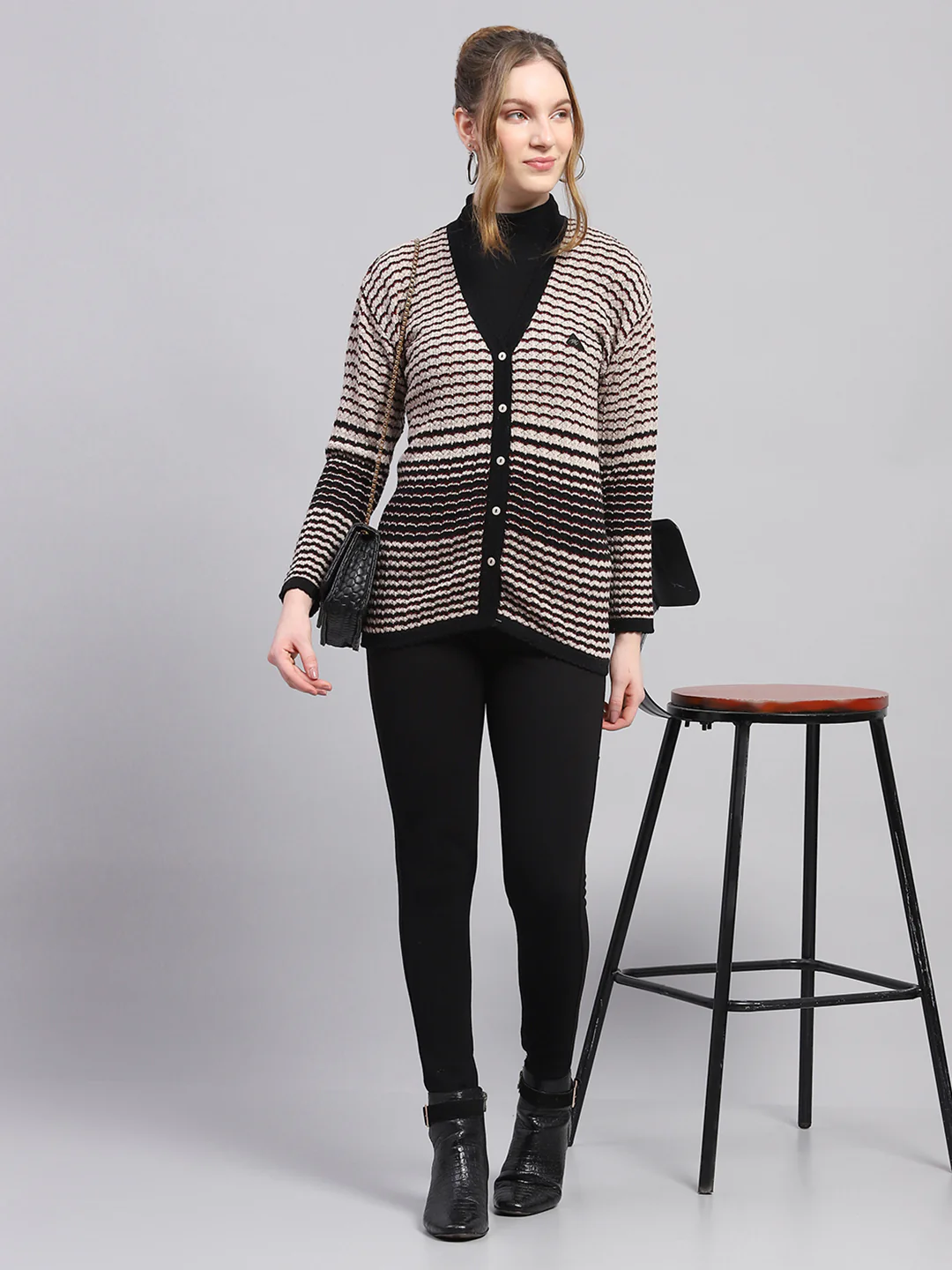 Women Black Self Design V Neck Full Sleeve Cardigan - Image 2