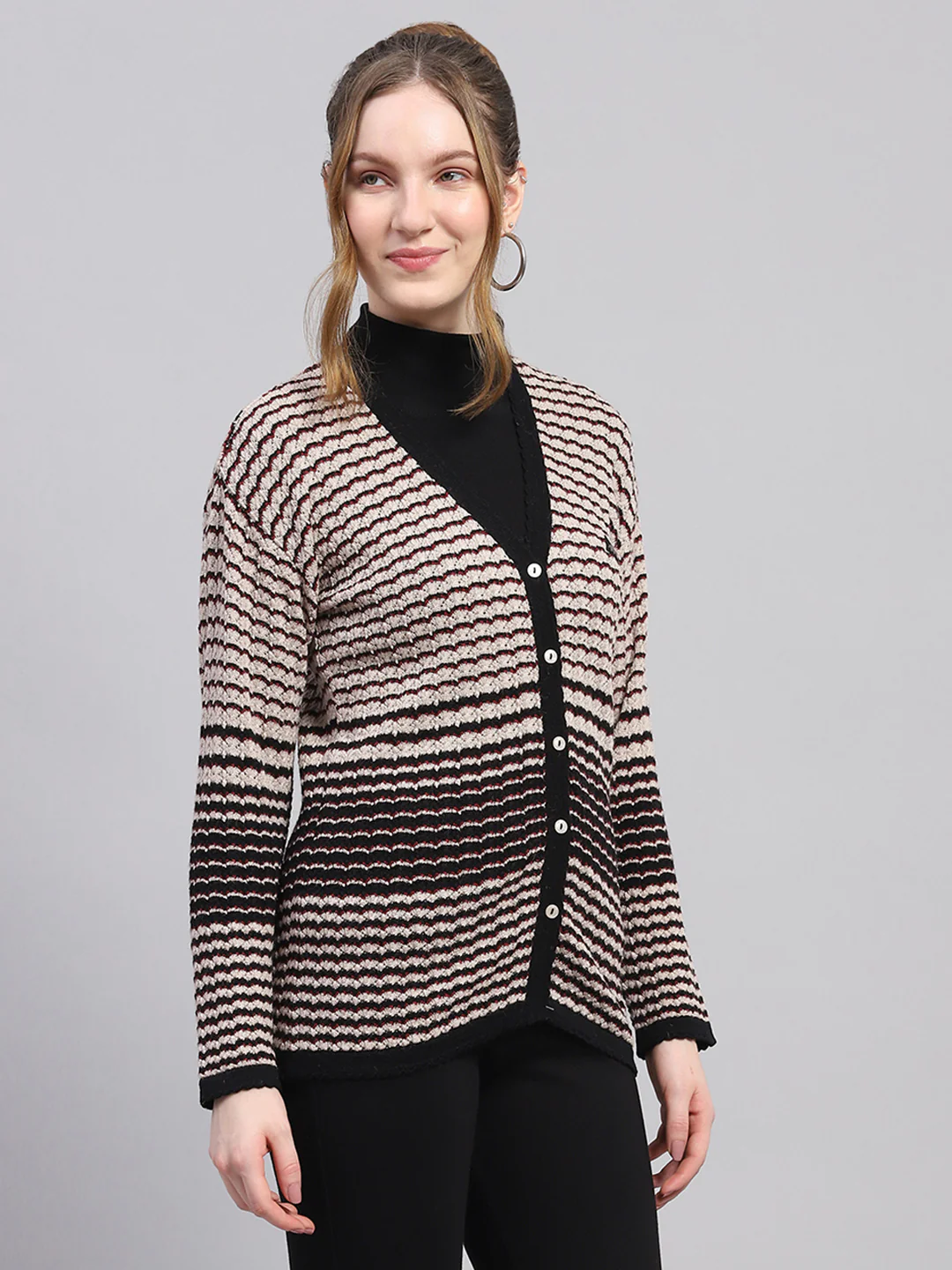 Women Black Self Design V Neck Full Sleeve Cardigan - Image 4