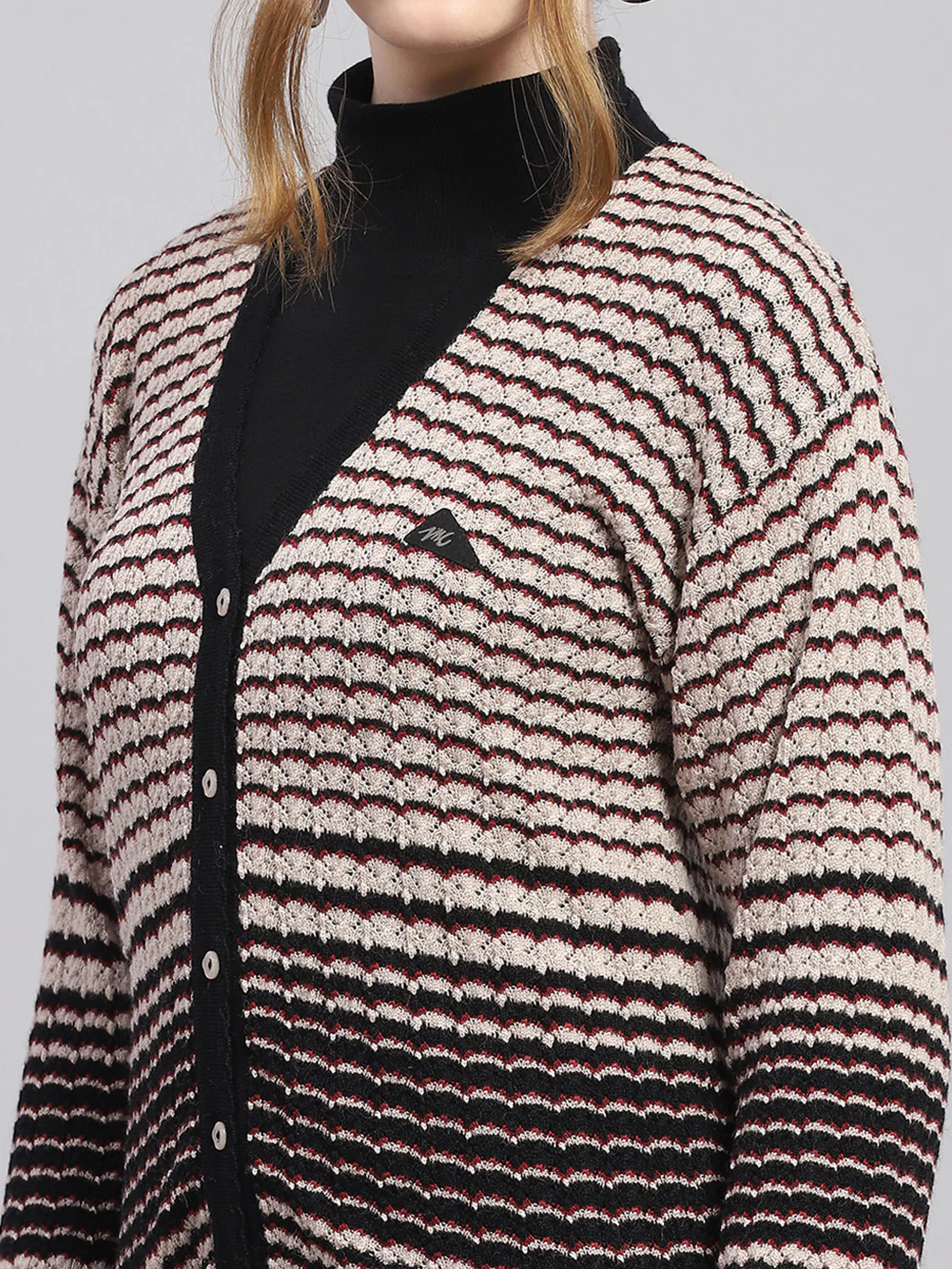 Women Black Self Design V Neck Full Sleeve Cardigan - Image 6