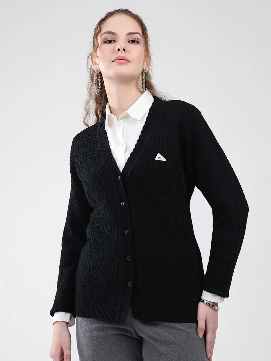 Women Black Self Design V Neck Full Sleeve Cardigan