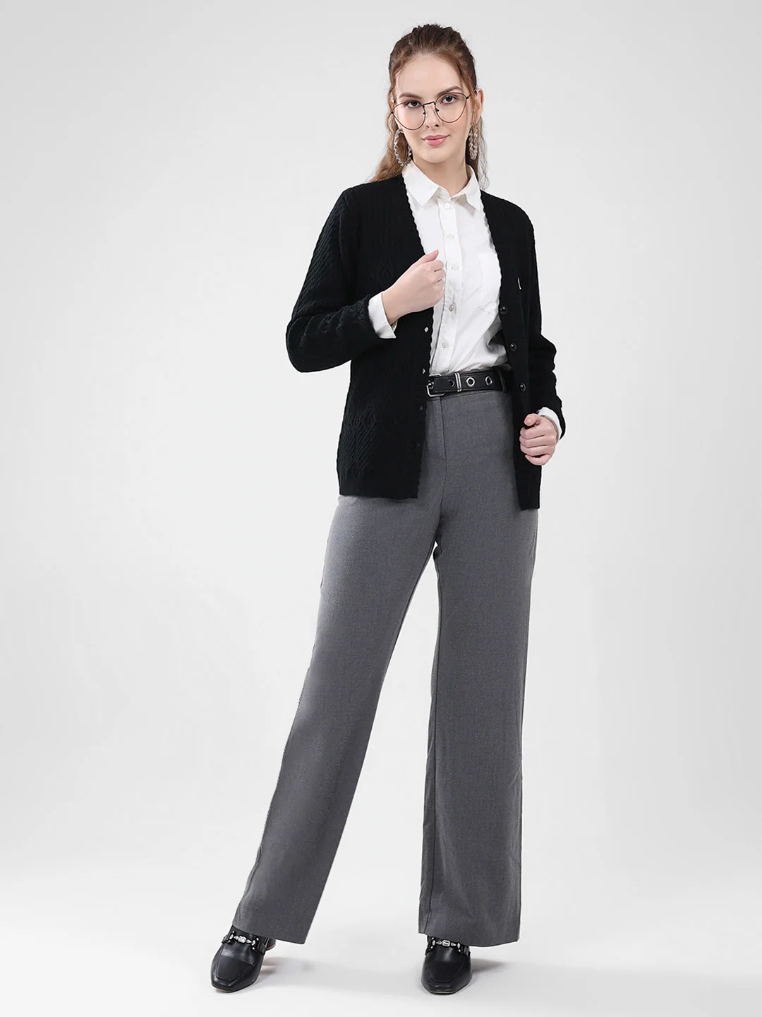 Women Black Self Design V Neck Full Sleeve Cardigan - Image 2