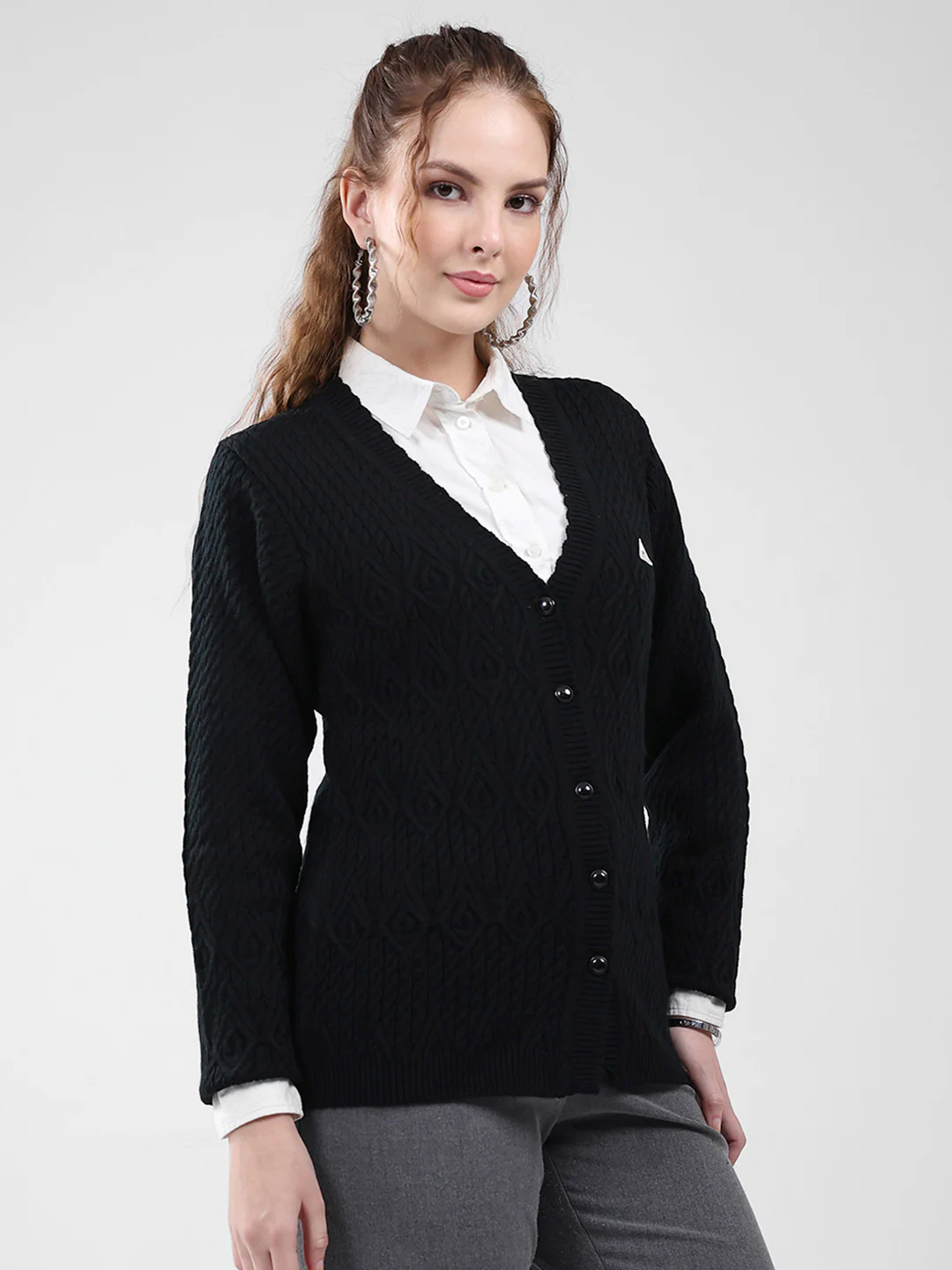 Women Black Self Design V Neck Full Sleeve Cardigan - Image 4