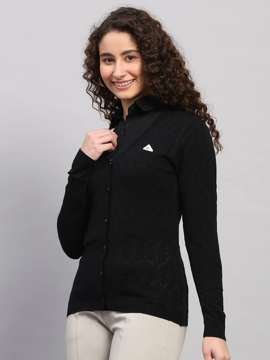 Women Black Self Design V Neck Full Sleeve Cardigan - Image 3