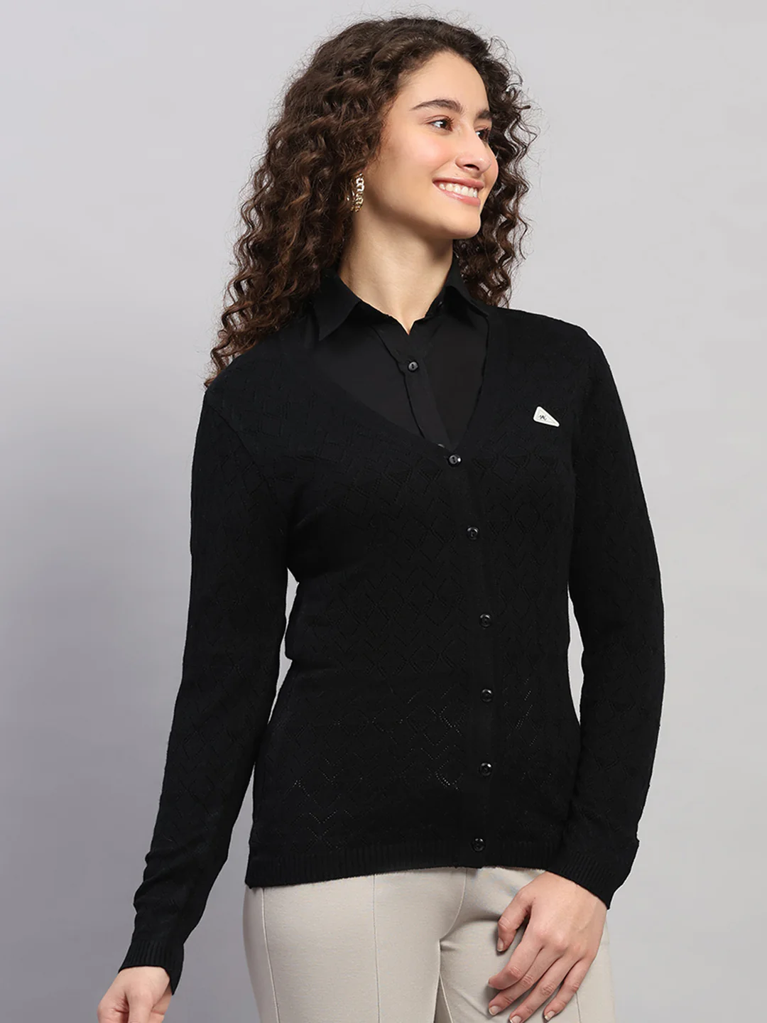 Women Black Self Design V Neck Full Sleeve Cardigan - Image 4