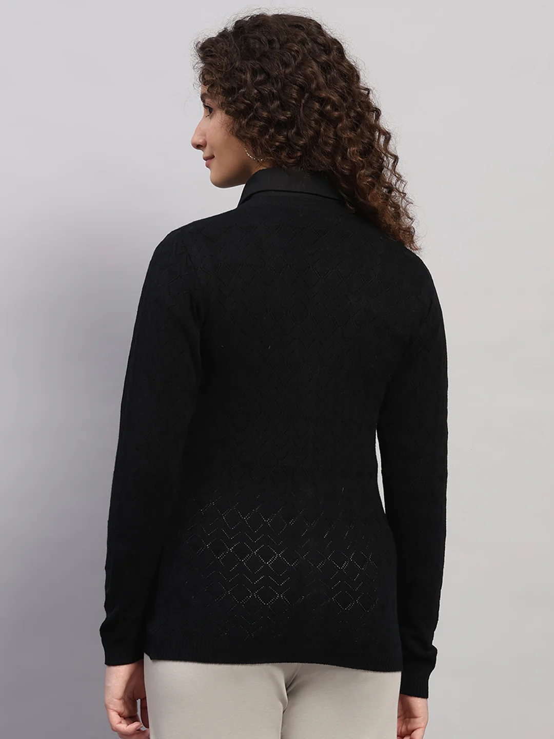 Women Black Self Design V Neck Full Sleeve Cardigan - Image 5